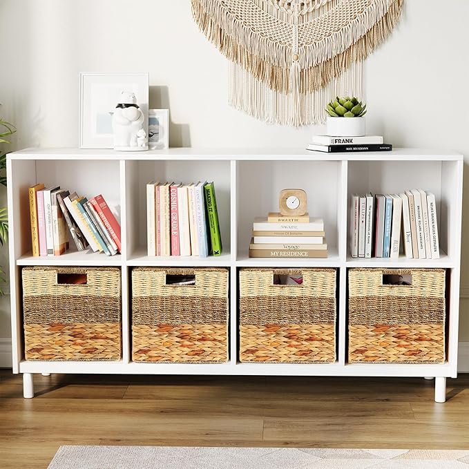 SpaceAid 4 Pack 3 Pattern Design Wicker Basket, Baskets for Organizing, Storage Rattan Basket with Handles for Shelves, Woven Cube Storage Bin Organizer, 13x13x13 inch, Natural