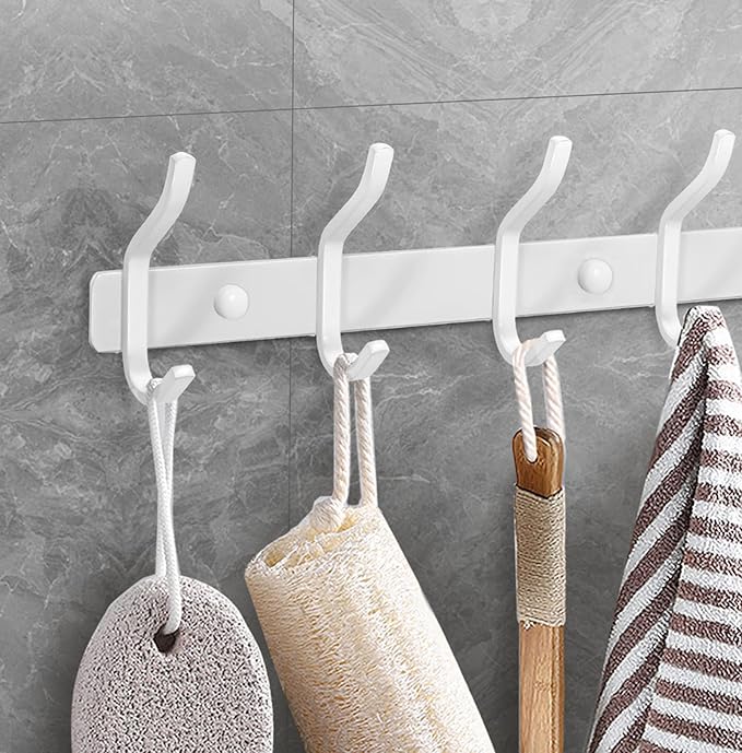 White Wall Hooks Heavy Duty, 12 Inch Coat Hooks Wall Mount with 4 Hooks, 2 Packs Wall Hooks Hangers for Entryway, Bathroom - for Hanging Backpack, Bag, Coat, Purse, Hat, Towel, Clothes