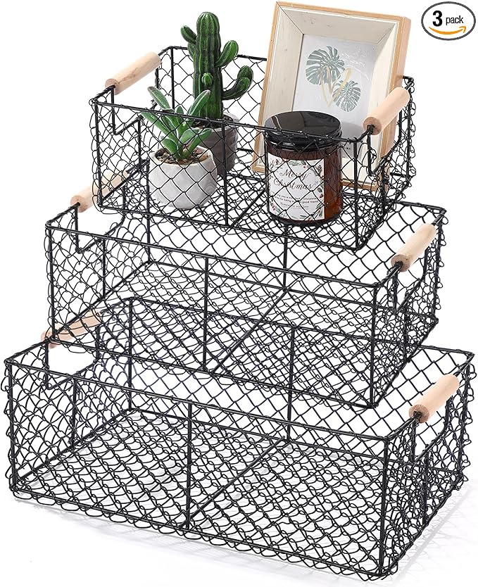 Honeydak 3 Set Wire Basket for Organizing with Wooden Handle Vintage Style Rectangle Mesh Metal Basket Food Storage Organizer for Home Kitchen Pantry Bathroom Picnic Cabinets(Black)