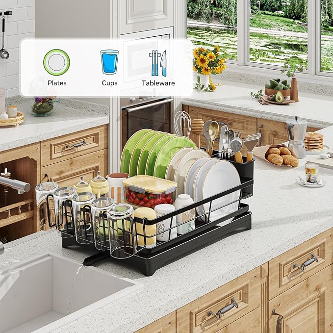 Dish Drying Rack for Kitchen Counter - Large Capacity Dish Drainer with Cutlery Holder & Drip Tray, Space Saving Kitchen Organizer (12x15.7), Black