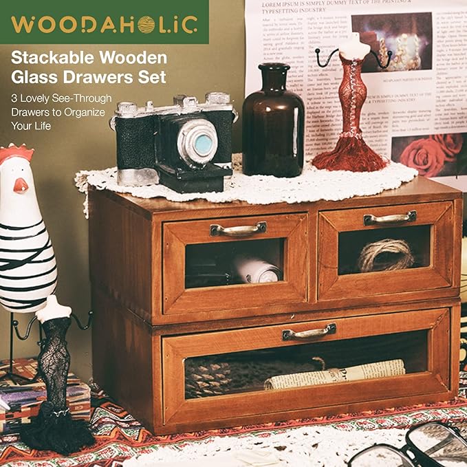 2-pc Stackable Storage Drawers - See-Through Wooden Storage Cabinets - 2-Level Desktop Organizing Cabinet with 3 Drawers - Solid Wood Storage Box with Display & Metal Handles…