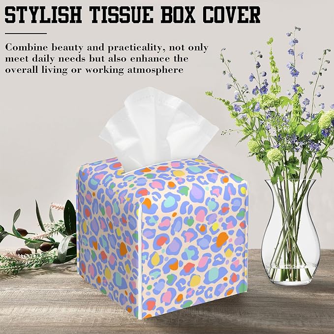 Tissue Box Cover Rainbow Leopard Skin Leather Tissue Box Holder Cube Paper Case Cover Facial Paper Organizer Dispenser for Bathroom, Vanity Countertop, Office Desk
