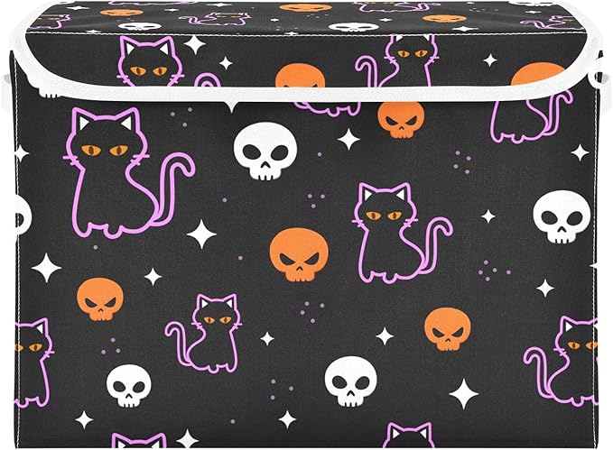 senya Halloween Storage Baskets Collapsible Storage Bins with Lids, Halloween Colored Skulls Black Cat Storage Boxes Clothes Baskets for Organizing