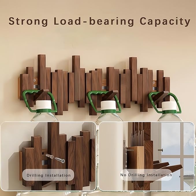 ELECANE Piano Coat Rack Wall Mount, Wooden Piano Key Coat Rack with Flip Down Magnetic Hooks, Wall Mounted Coat Hanger for Entryway Bedroom Kitchen (Walnut, 8Hooks)