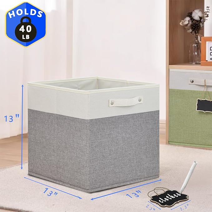 13x13x13 Storage Cube Bins 4 Pack,Collapsible Fabric Storage Cubes with Labels,Linen Cube Storage Organizer Bins with Cotton Handles,Square Storage Cubes for Home,Office,Clothes,Cabinet(White Grey).