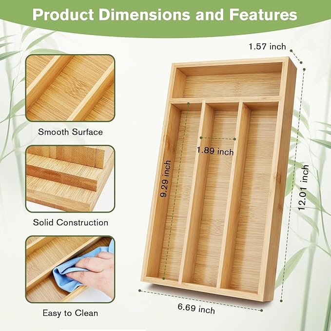 Small Silverware Organizer, Bamboo Drawer Organize, Bamboo Silverware Drawer Organizer, Spoon Flatware Storage with Grooved Drawer Dividers