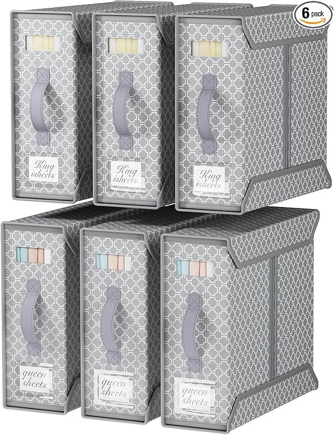 Yecaye 6 Pack Bed Sheet Organizers and Storage (King & Queen Size), Foldable Sheet Set Organizer With Clear Window and Label, Bedding Storage Box Container for Blanket, Duvet Cover, Bed Sheet