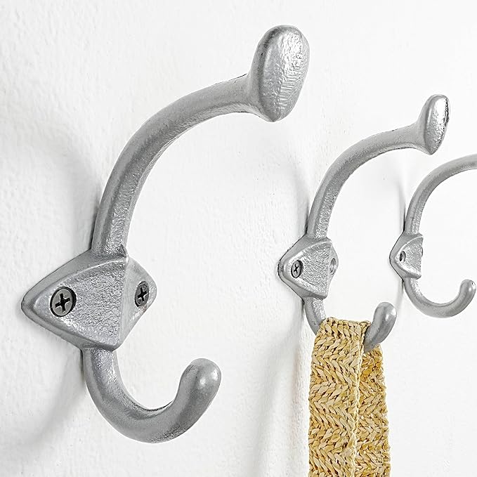 Dseap Cast Iron Wall Hooks L=5”, Heavy Duty Coat Hooks, Rustic Vintage Farmhouse Hook for Hanging Winter Coats Jackets Towels Hats Bags Plants, Silver, Pack of 10 (ShieldBold)