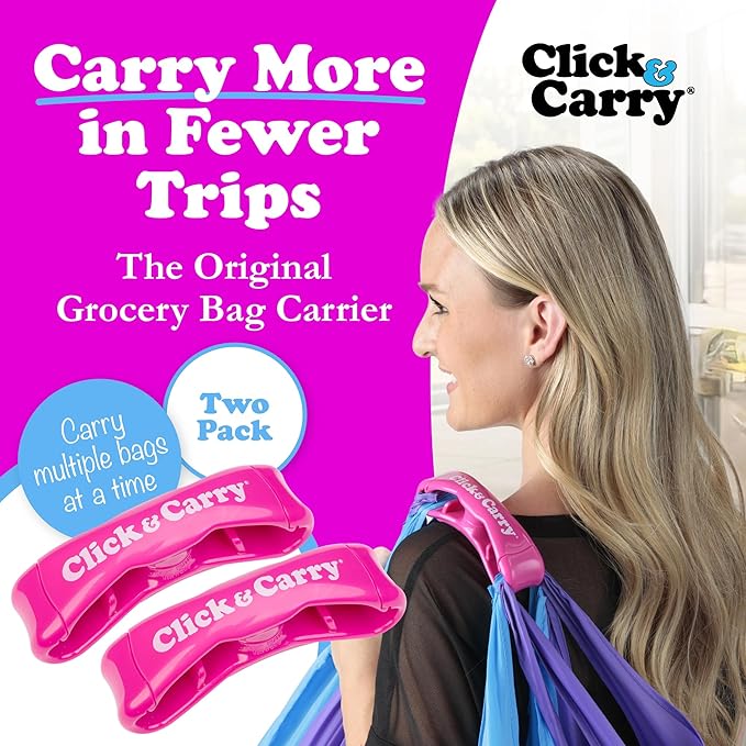 Click & Carry Grocery Bag Carrier Handle - Carry More in Fewer Trips, 100lb Capacity, Hands-Free, Gel-Padded Ergonomic Design, Shopping & Grocery Bag Holder - As Seen On Shark Tank, Fuchsia, 2 Pack