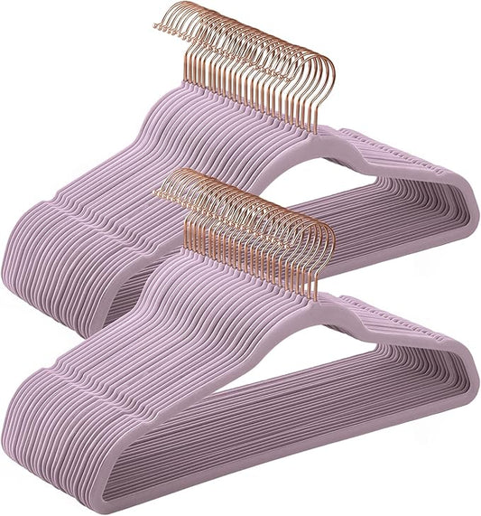 SONGMICS Slim Velvet Hangers, Non-Slip Clothes Hangers with Rose Gold Swivel Hooks, Space-Saving, for Closet, 50 Pack, Light Purple UCRF026P50