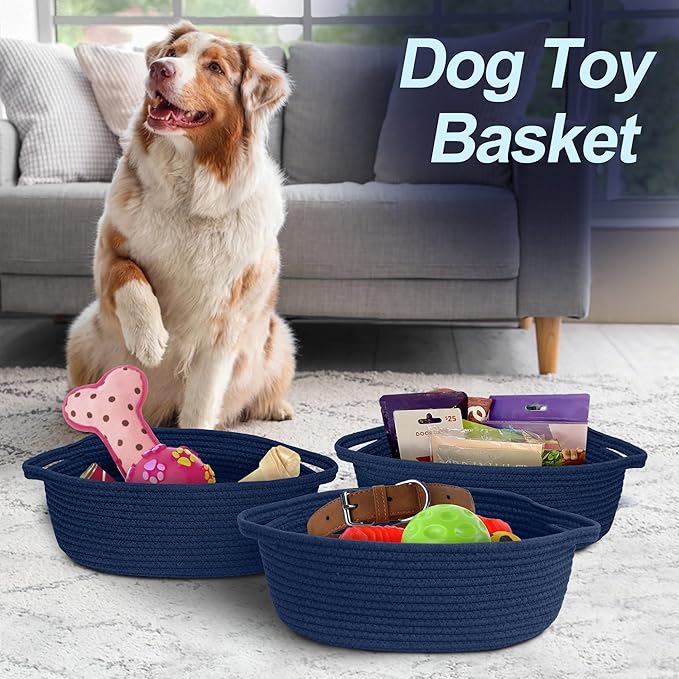 Dark Blue Small Woven Basket, 13â x 9â x 5â Baskets for Gifts Empty, Cotton Rope Gift Basket, Cute Nursery Baby Organizer, Cat Dog Toy Box, Oval Wicker Storage Bin with Handle