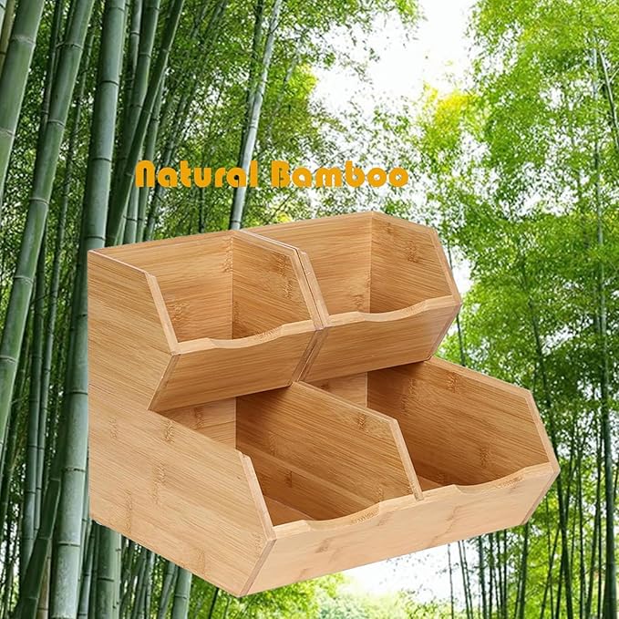 Bamboo Stackable Pantry Storage Bins, Kitchen Pantry Organizers and Storage, Potato and Onion Storage Bin, Wood Pantry Baskets for Produce, Fruits, Vegetable and Bread, Set 3 Pieces