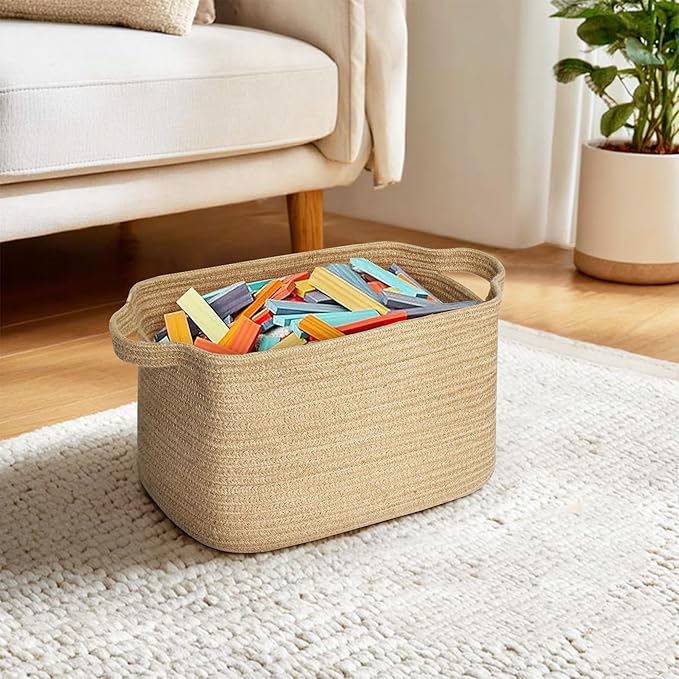 Wicker Basket for Storage, 15"x11"x9" Woven Basket with Handle, Rectangular Cute Storage Bin for Books, Shoes, Clothes, Towels, Decorative Gift Bin Empty, Stuffed Animal Organizer, Home Decor