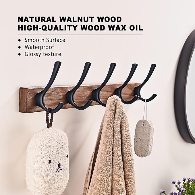 17.3" Small Walnut Wood Coat Rack Wall Mount with 5 Hooks, Heavy Duty Wooden Jacket Hanger Door Mounted for Decorative Entryway and Bathroom Hanging Towel Backpack Purse Clothes Hat Key