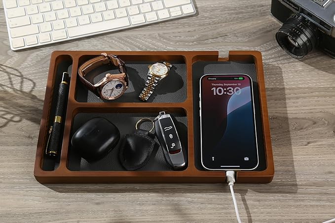 Shinpuru Wooden Valet Tray with Leather Inlay - Nightstand & Desk Organizer - EDC Essentials Catchall Tray for Keys, Phone, Wallet, Watch, Earbuds - Stylish Storage (Wood-Pen)