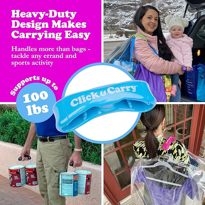 Click & Carry Grocery Bag Carrier Handle - Carry More in Fewer Trips, 100lb Capacity, Hands-Free, Gel-Padded Ergonomic Design, Shopping & Grocery Bag Holder - As Seen On Shark Tank, Blue, 1 Pack