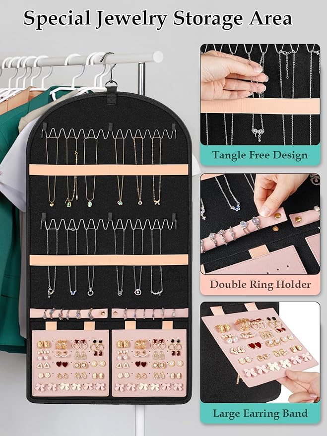 MATEIN Hanging Jewelry Organizer with Removable Zipper Jewelry Pouches, Tangle-Free Necklace Hanger for Closet with Metal Hook, Over the Door Earring Storage Bracelet Ring Holder, Unique Gifts for Her