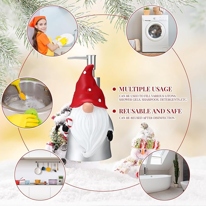Christmas Soap Dispenser and Towel Set Gnome Hand Soap Dispenser with 2 Hand Towels Refillable Lotion Essential Oil Dispensers with Pump for Christmas Bathroom Kitchen