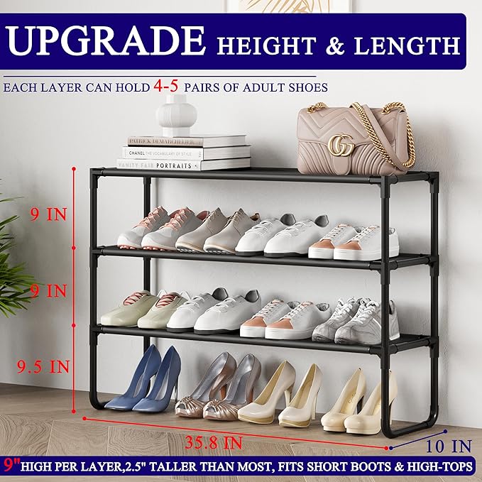 Long Shoe Rack, 3-Tier Stackable Shoe Organizer for Closet, Entryway, Hallway, Extra Bottom Layer, Holds 16-20 Pairs, Sturdy & Durable Waterproof Fabric Shelf, Space-Saving,Black(35.8" Wide)