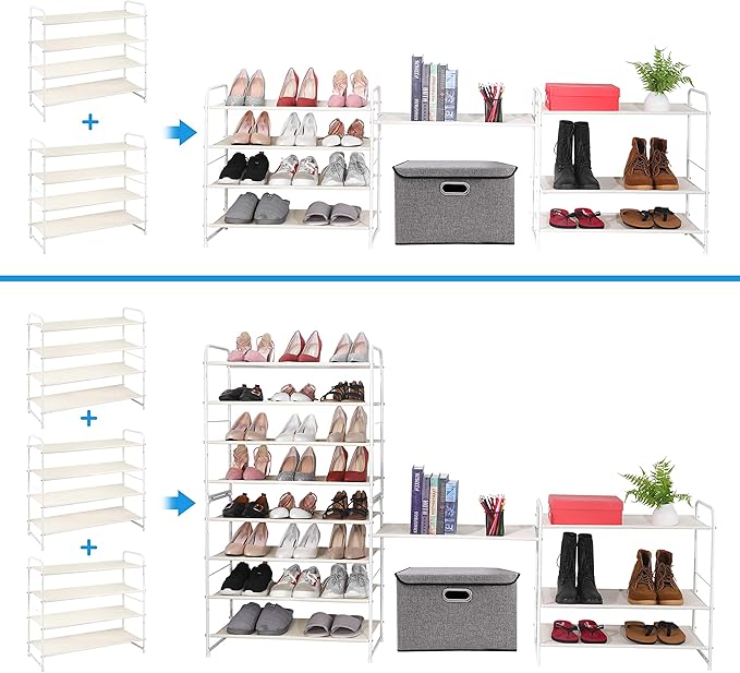 Simple Trending 4 Tier Stackable Shoe Rack, Expandable & Adjustable Fabric Shoe Shelf Storage Organizer, White