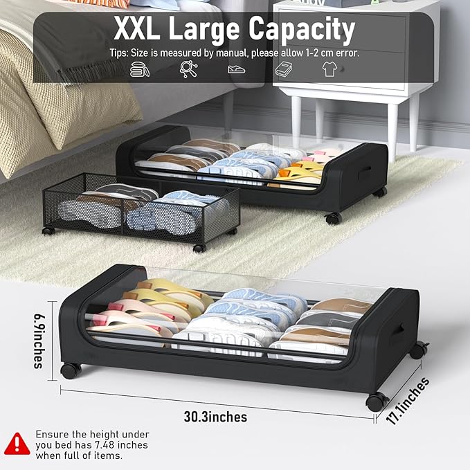 Under Bed Storage with Wheels, Under Bed Storage Containers for Clothes Shoe Toy Book Blanket, Under Bed Storage Drawer for Bedroom Under Bed Rolling Storage with Lid, 2 Pack