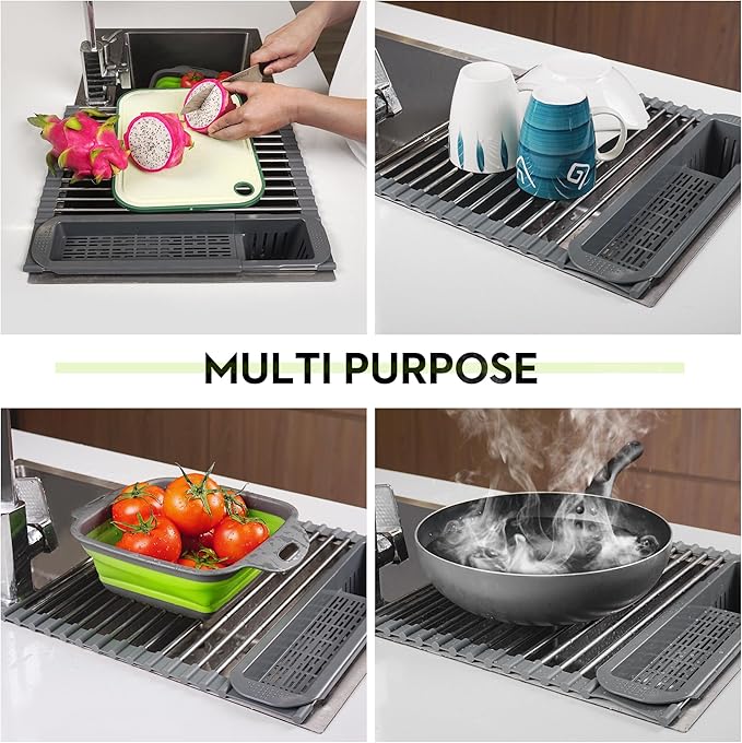 Roll Up Dish Drying Rack Over The Sink, 304 Stainless Stee Dish Drainer, Foldable & Adjustable Sink Drying Rack for Kitchen Sink Counter with Utensil Holder (Gray, Roll Up,Medium,Expandable)