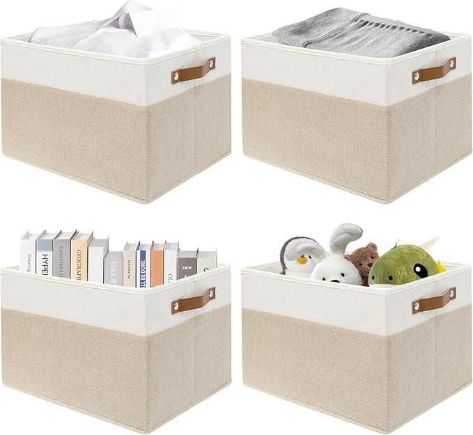 SNWDN 4 Pack Fabric Storage Baskets for Organizing Collapsible Fabric Storage Bins with Handles for Home and Office Organizing (White/Beige 15''Lx13''Wx13''H)