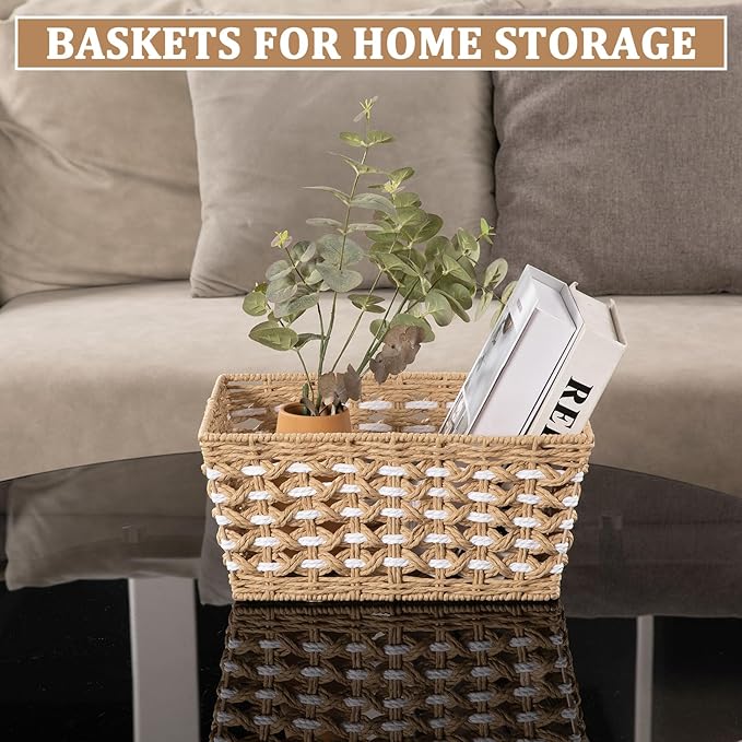 OIAHOMY Wicker Storage Baskets, Paper Rope Shelf Bins, Decortive Baskets for Organizing, Set of 3-Yellow & White