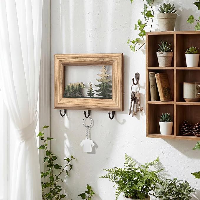 Woodland Bear Key Holder with 3 Metal Hooks Log Framed Black Bear Hooks Rustic Wildlife Cabin Farmhouse Forest Wall Mount Hanger Rack Key Hanger for Kitchen, Entryway, Hallway Decor