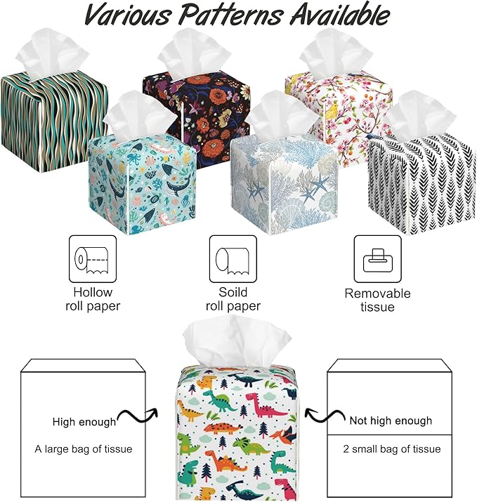 Funny Dinosaurs Tissue Box Cover Square,Cartoon Clouds Trees Tissue Box Holder with Belt Bottom,Stylish Leather Napkin Holder for Vanity Countertop,Nightstands,Office Desk,5.2"Ã5.2"Ã5.2"