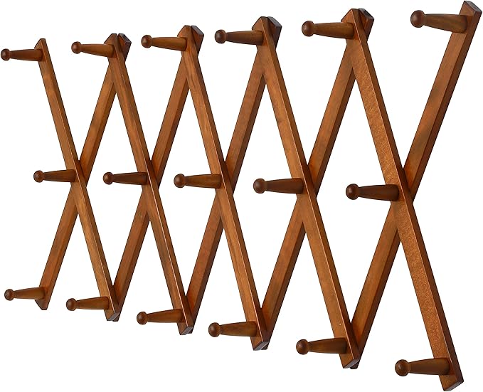 Dseap Accordian Wall Hanger: 16” High Wooden Wall Expandable Coat Rack, Hat Rack Holder, Accordion Hook for Baseball Caps, Coats, Mugs, 17 Peg Hooks, Brown