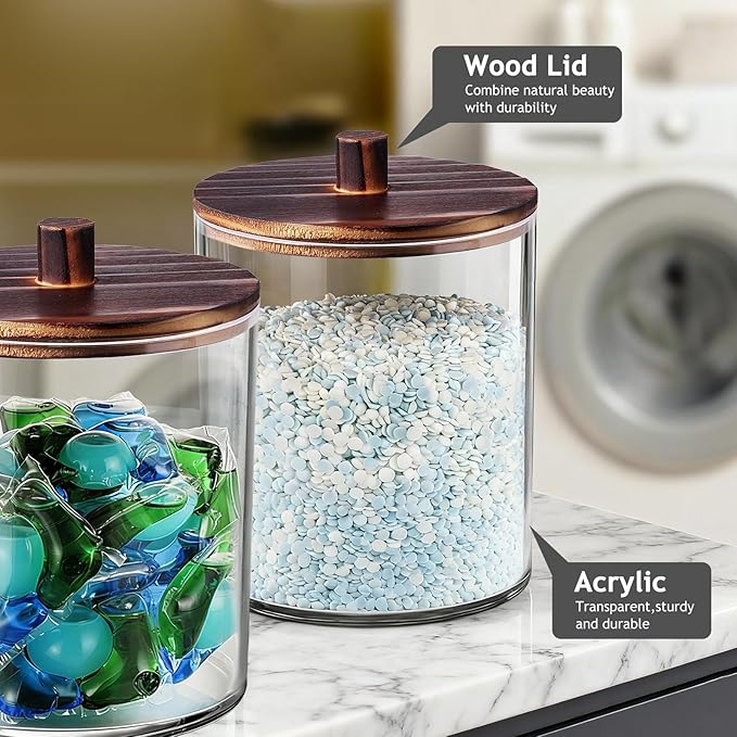 SheeChung 3 Pack 50 Oz Dark Wood Lid Large Apothecary Jar - Rustic Farmhouse Laundry Room Decor - Container for Bathroom Organization - Clear Storage Canister for Scent Beads & Salts
