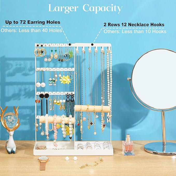 Jewelry Organizer Stand, Jewelry Holder Tree and Storage, Super Large Capacity, 72 Earring Holes, 12 Necklace Hooks, 20 Rings Slot, 2 Bracelet Bars, Assemble Not Required, Size 3.94*9.84*13.78 Inch