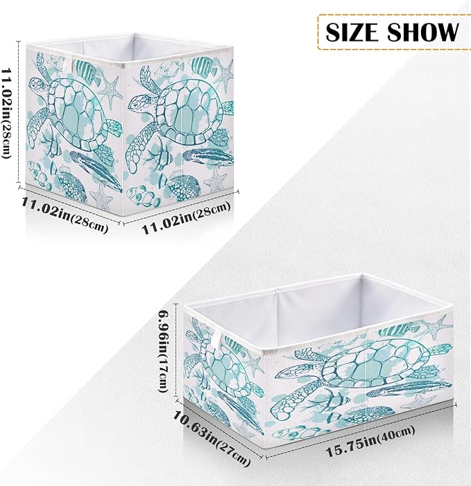 Blueangle Sea Turtle Starfish Cube Storage Bin, 11 x 11 x 11 in, Large Collapsible Organizer Storage Basket for Home Décor