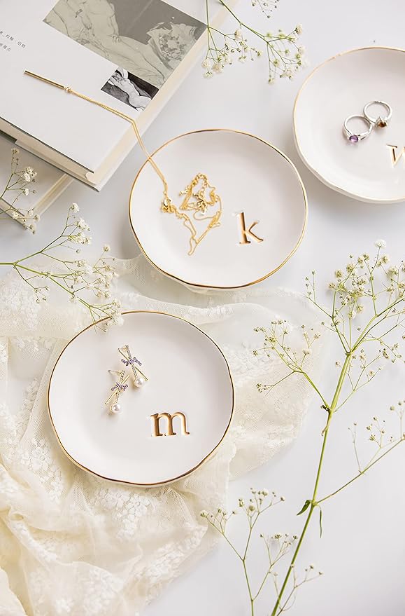 COLLECTIVE HOME - Ceramic Jewelry Tray, Decorative Trinket Dish for Rings Earrings Necklaces Bracelet Watch Keys, Birthday Mother's Day Christmas Gift for Women, 4.75", White Surface (N)