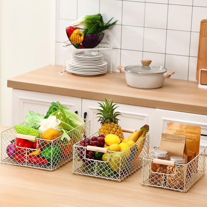 Honeydak 3 Set Wire Basket for Organizing with Wooden Handle Vintage Style Rectangle Mesh Metal Basket Food Storage Organizer for Home Kitchen Pantry Bathroom Picnic Cabinets (White)