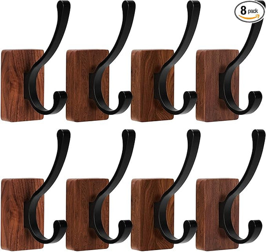 8 Pack Wooden Wall Hooks, Adhesive and Screw Mounted for Heavy Duty, Boho Decorative Coat Hooks for Towel, Clothes, Blanket, Hat, Entryway, Nursery Door