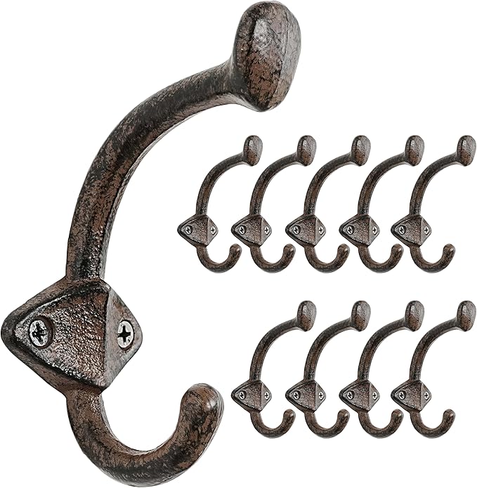 Dseap Cast Iron Wall Hooks L=5”, Heavy Duty Coat Hooks, Rustic Vintage Farmhouse Hook for Hanging Winter Coats Jackets Towels Hats Bags Plants, Antique Brown, Pack of 10 (ShieldBold)