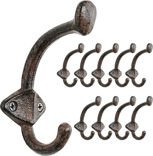Dseap Cast Iron Wall Hooks L=5”, Heavy Duty Coat Hooks, Rustic Vintage Farmhouse Hook for Hanging Winter Coats Jackets Towels Hats Bags Plants, Antique Brown, Pack of 10 (ShieldBold)