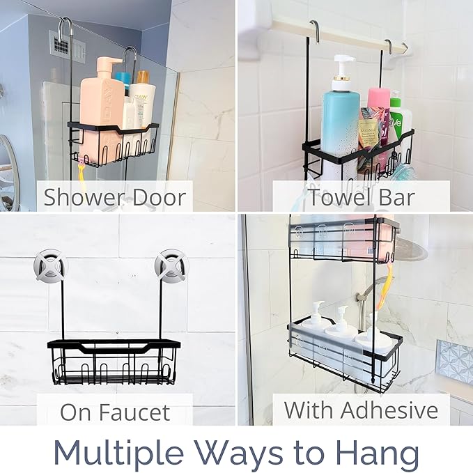 Black Shower Caddy Hanging - Rust-Proof 304 Stainless Steel Shower Caddy with Rotatable Hooks and Adhesives - Ideal for Bathroom Essentials - Convenient for Bathroom Toiletries