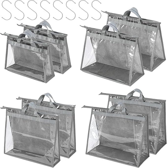 CINPIUK Handbag Dust Bags Clear Purse Storage Organizer for Closet Small to Extra Large Handbags Dust Free Bags Hanging Zipper Storage Bag with Hooks, ( Grey, 4 Sizes-8PCS)