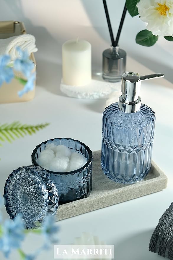 Blue Bathroom Accessories Set, 4Pcs Clear Glass Bathroom Decor Set, Lotion Soap Dispenser, Toothbrush Holder, Qtips Holder, Soap Dish for Crystal Modern Bath Decor, Gift Set