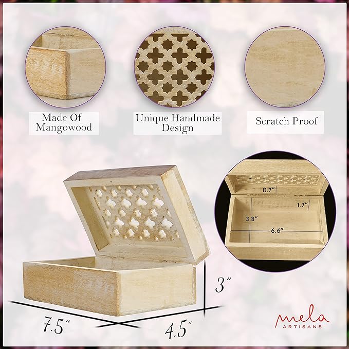 Mela Artisans Whitewash Wooden Keepsake Box | Handmade Decorative Memory & Trinket box for Jewelry,Photos & Letters | Wooden Storage Box with Hinged Lid | Medium |Trellis Design | 7.5 x 4.5x 3