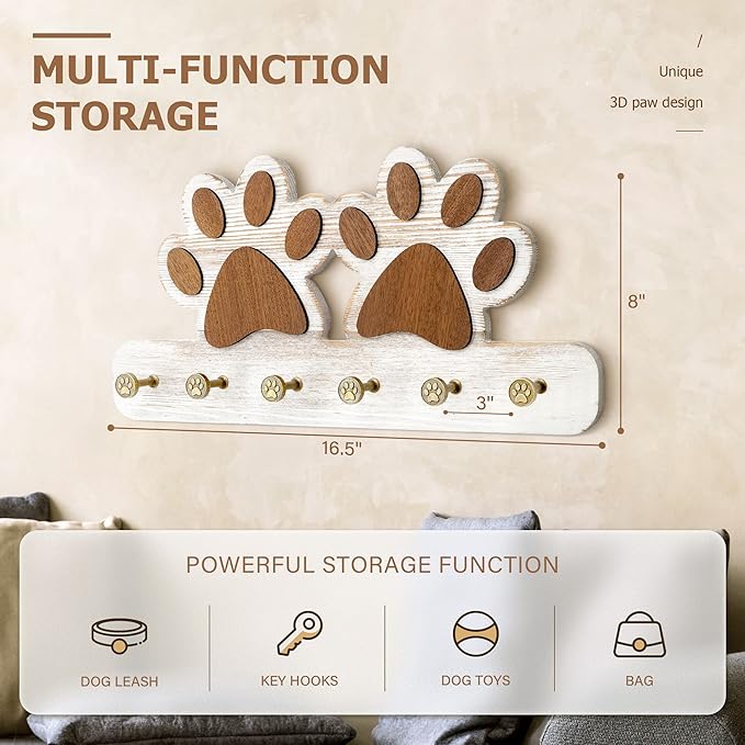 MTERSN Farmhouse Key Holder for Wall - Decorative Dog Leash Hanger and Coat Rack Wall Mount with 6 Unique 3D Claw Hooks - Dog Toys Organizer for Rustic Home Decor (White)
