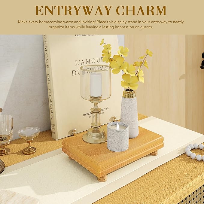 EOSAHR Decorative Pedestal Stand for Home Decor â Farmhouse Wooden Tray as Soap Holder & Bathroom Counter Organizer - Display Stand to Elevate Bathroom Decor (Light Brown)