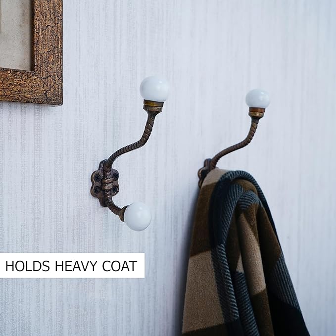Indian Shelf 6 Pieces Heavy Duty Double Prong White Decorative Coat Hooks Unique Coat Rack Wall Mount Ceramic Wall Hooks for Hanging Towel Holder Backpack Purse Hanger- Style 7
