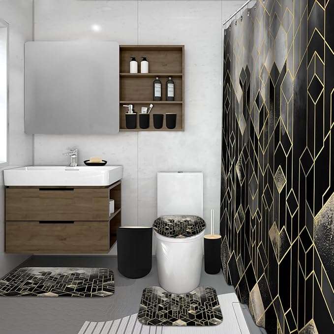Lnond Black Bathroom Set, Black Abstract Cubes Bathroom Accessories Sets Complete, Luxury Restroom Set with Shower Curtain and Rugs, Trash Can, Toilet Brush Holder Set & Soap Dispenser