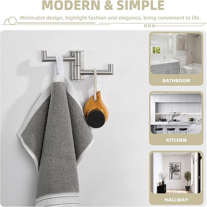 Suyar Double Towel Hook Brushed Nickel, SUS304 Stainless Steel Bathroom Robe Holder, Coat Hook with 2 Rotatable Arms, Wall Mounted