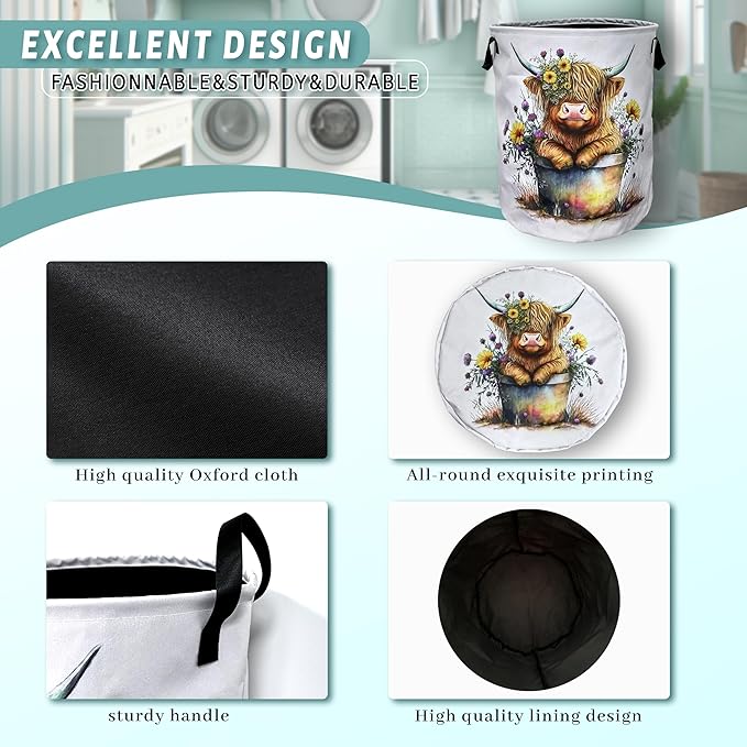 Cute Highland Cow Laundry Basket Foldable With Handles Funny Tote Bag Oxford Cloth Laundry Hamper Clothes Storage Bucket Toy Organizer 18.9" x 16.5" For Bathroom/Laundry/Bedroom