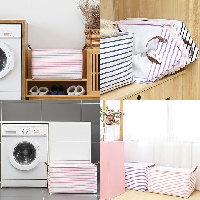 Hinwo 2-Pack Extra Large Canvas Fabric Storage Baskets with Handles, 70L Oversized Storage Bins, Collapsible Storage Box, Clothes, Toys, Blankets Organizers, 22 x 15 x 13 inches, (Pink Stripe)